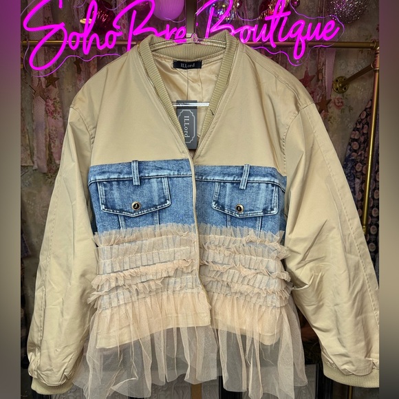 NWT Mesh Layer Bomber Jacket Denim and Tan Ruffle Jacket - Picture 2 of 13